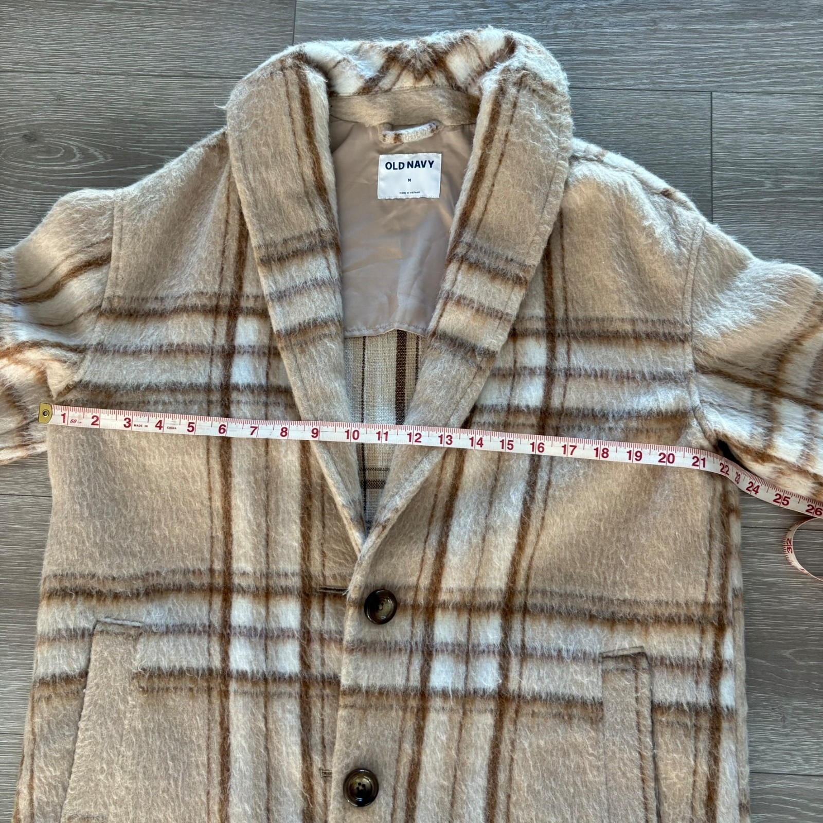 Old Navy Womens Beige White Plaid Button-Front Classic Winter Overcoat Size M