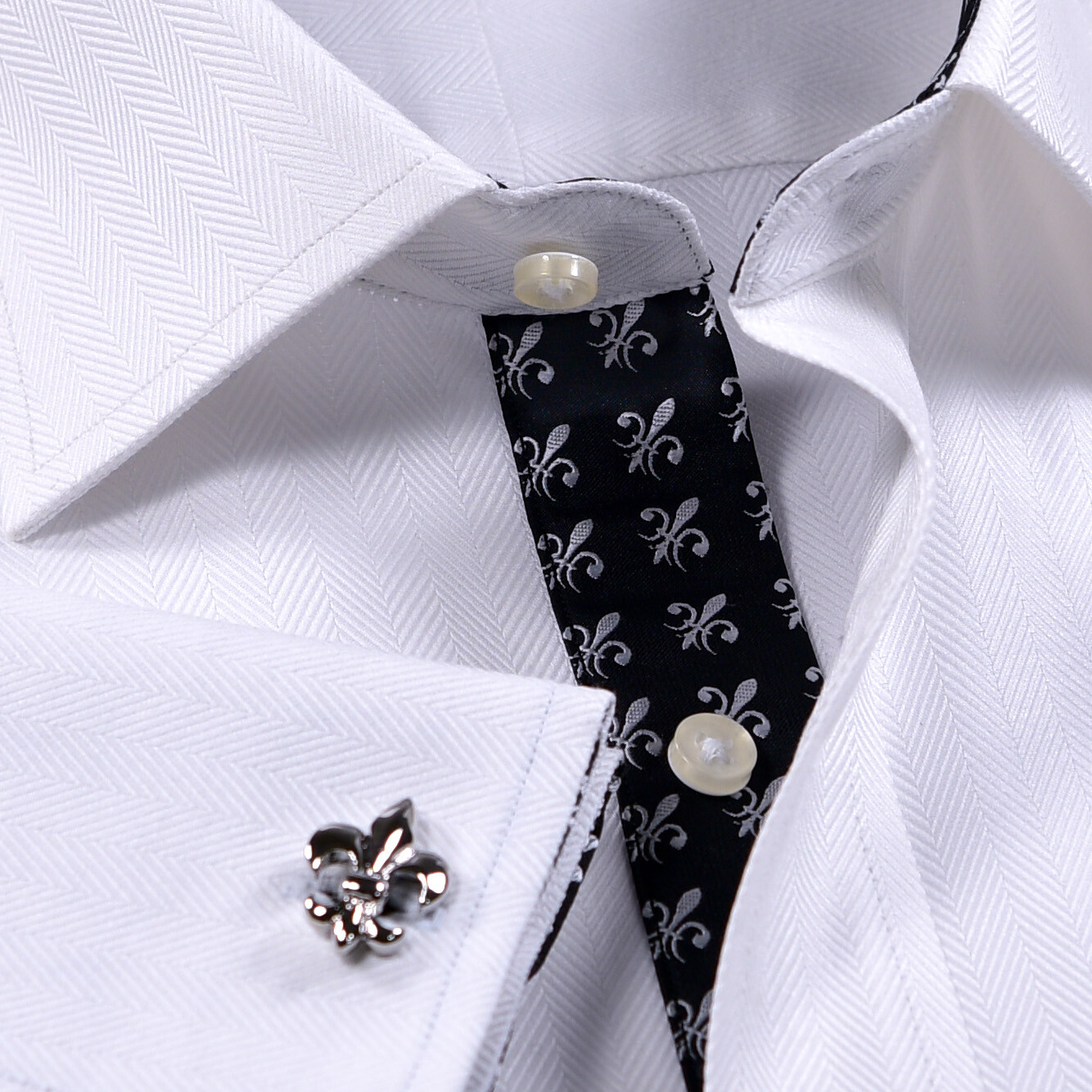 Black Italian Fleur-De-Lis White Heiingbone Twill Men’s Dress Shirt Sexy Floral