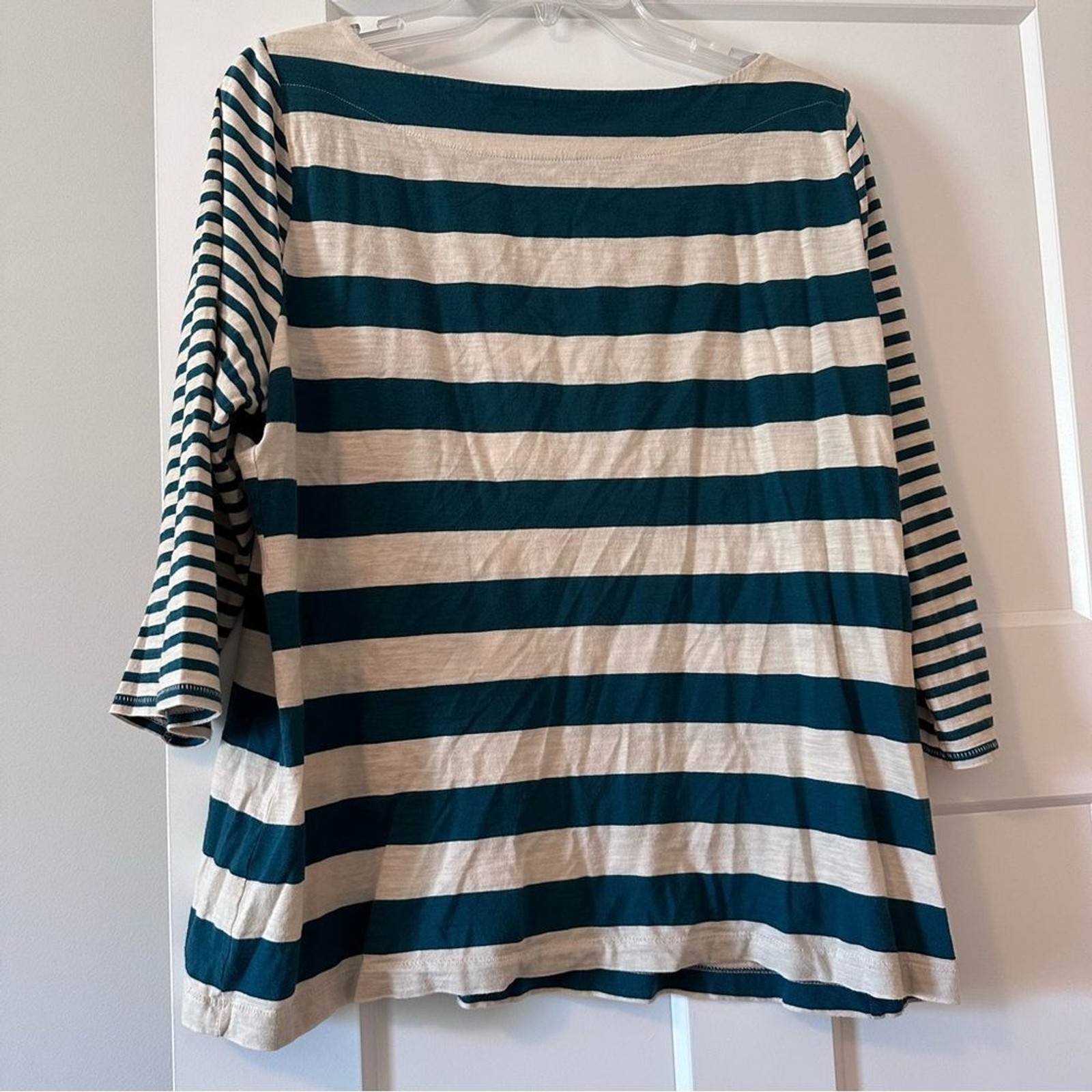 LOFT Teal and Cream Striped 3/4 length Sleeve Top