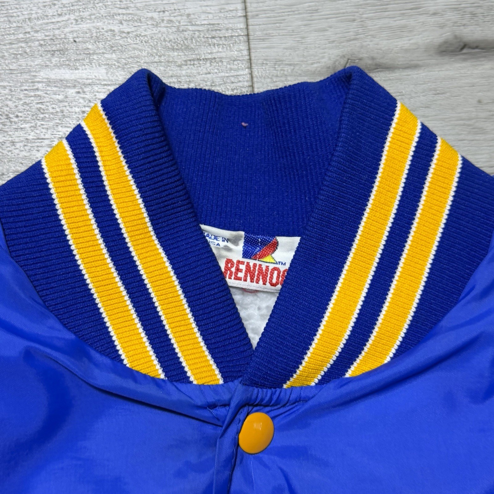Vintage USA Satin Bomber Jacket Soccer BYC Blue Yellow Fleece Lined Renno Mens M