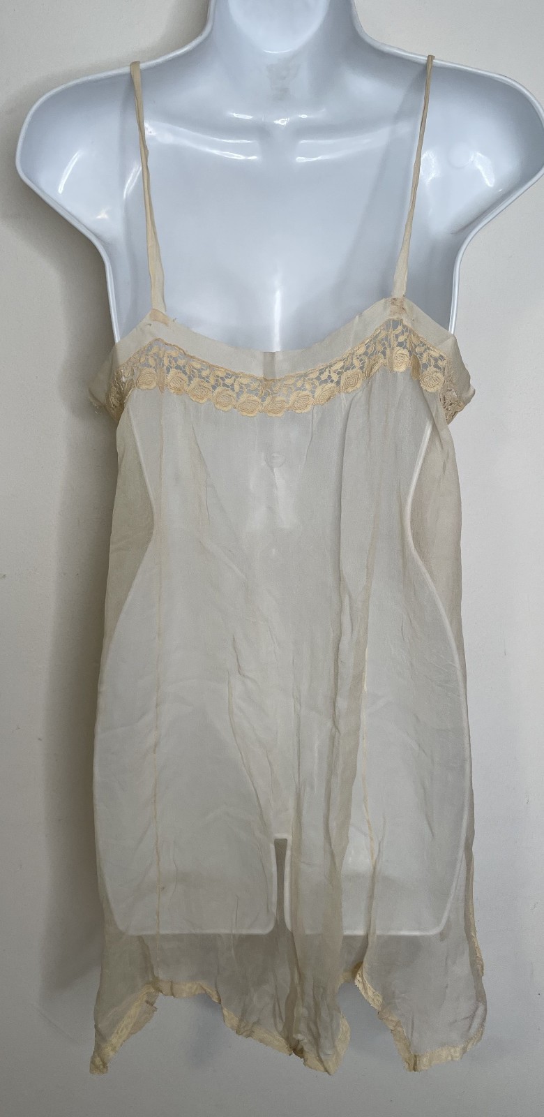 Antique 1900s Victorian Ivory Sheer Silk Slip Teddy Envelope Chemise Lace Holes