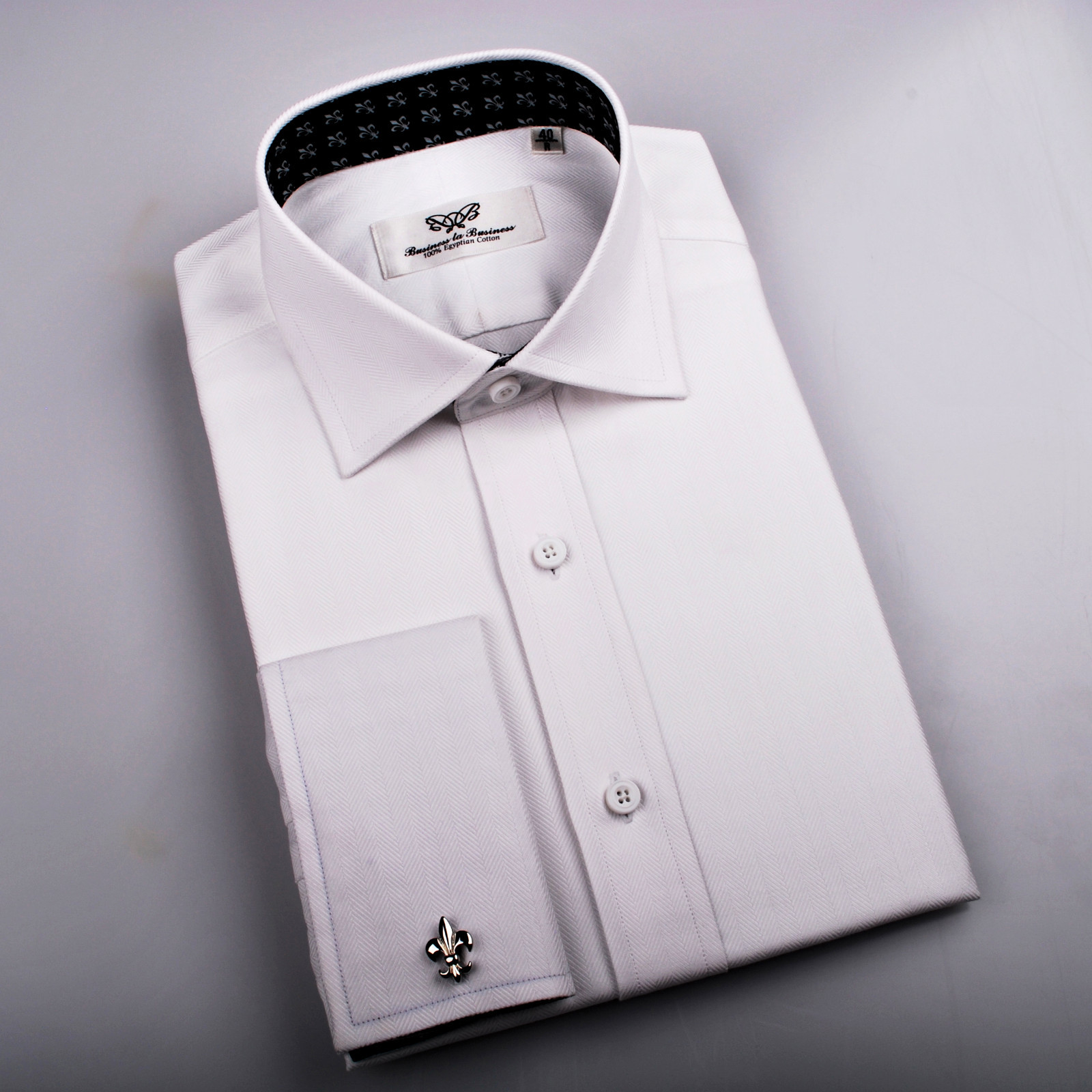 White Herringbone Twill Formal Business Dress Shirt Fleur-De-Lis Italian GQ Boss