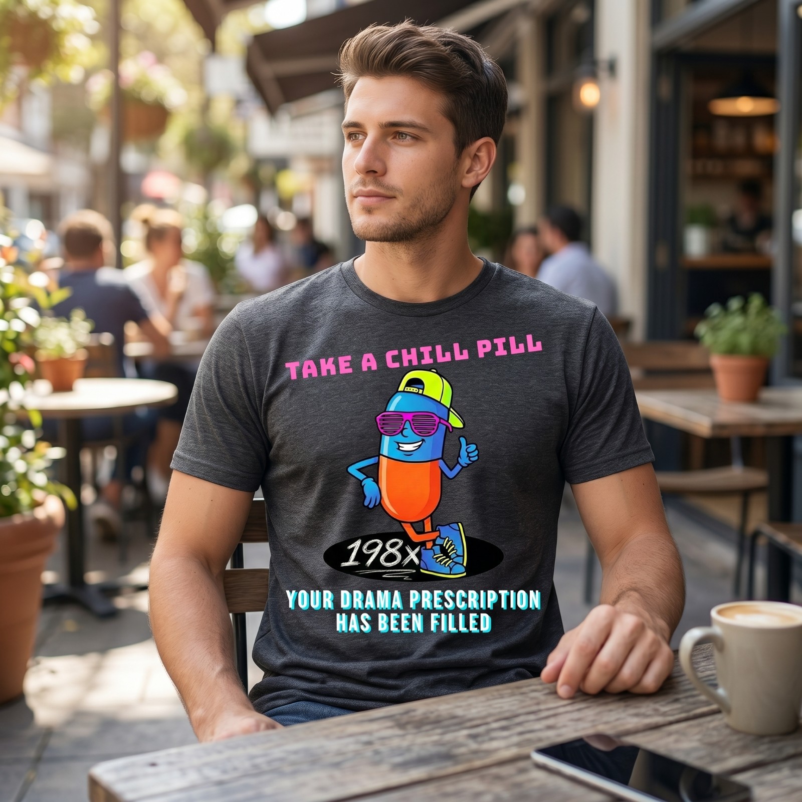 Take A Chill Pill T-Shirt 1980s Retro Graphic Tee Drama Prescription Funny Shirt