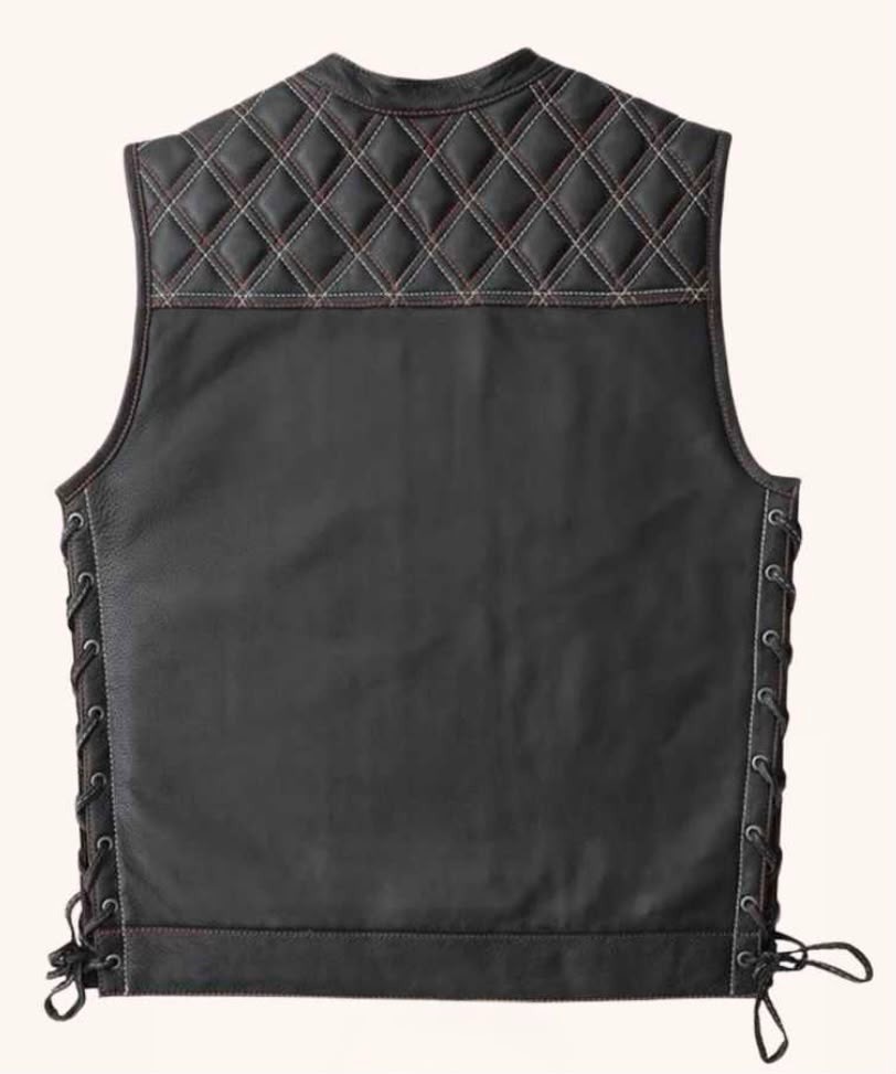 Mens Distressed Leather Motorcycle Vest Biker Club Riding Lace Side Black