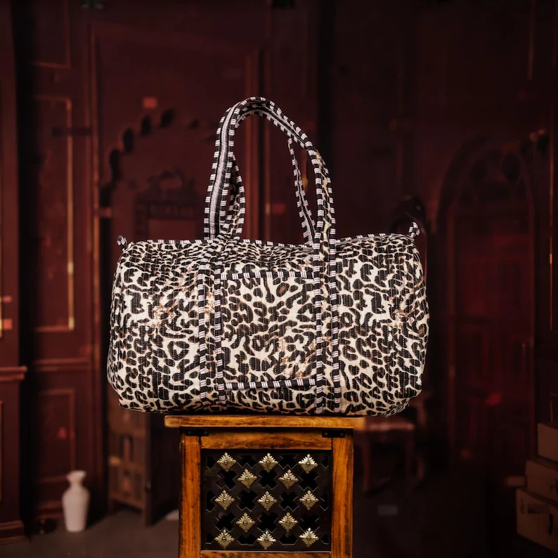 Leopard Print Quilted Duffel Bag Weekender Travel Overnight Carry On Tote