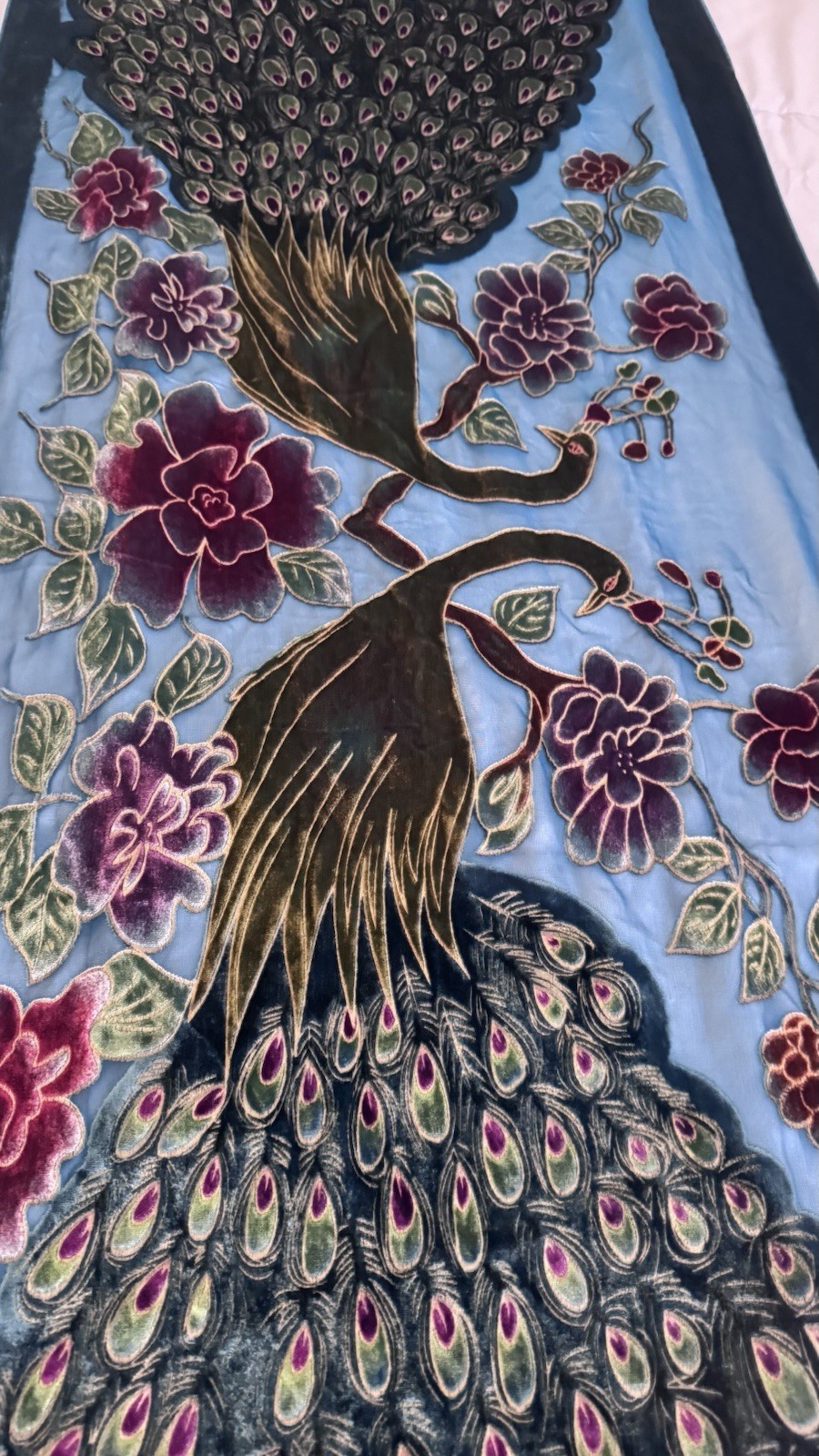 Besarani Loni Oversized Silk Satin Blue Peacock Floral Fringe Rectangle Scarf