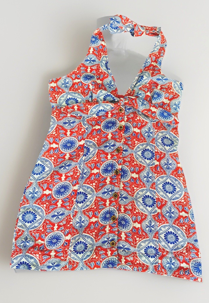 Maeve Anthropologie Halter Dress Size M Button Front Linen Blend Tie Neck Preppy