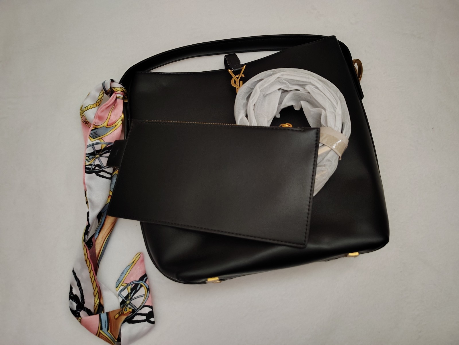 Black Faux Leather Top Handle Satchel Shoulder Bag w/ Scarf Strap & Pouch