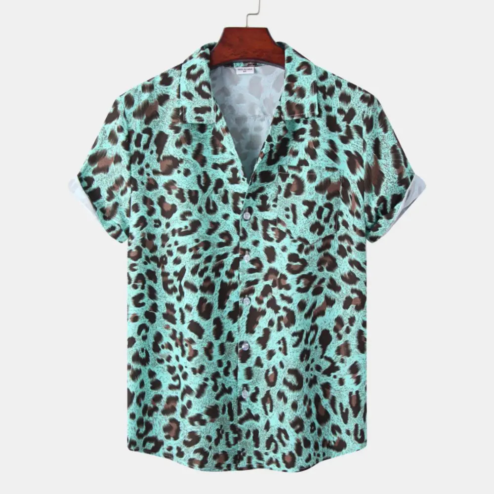 Men’s Leopard Print Oversized Short Sleeve Button-Up Shirt with Lapel