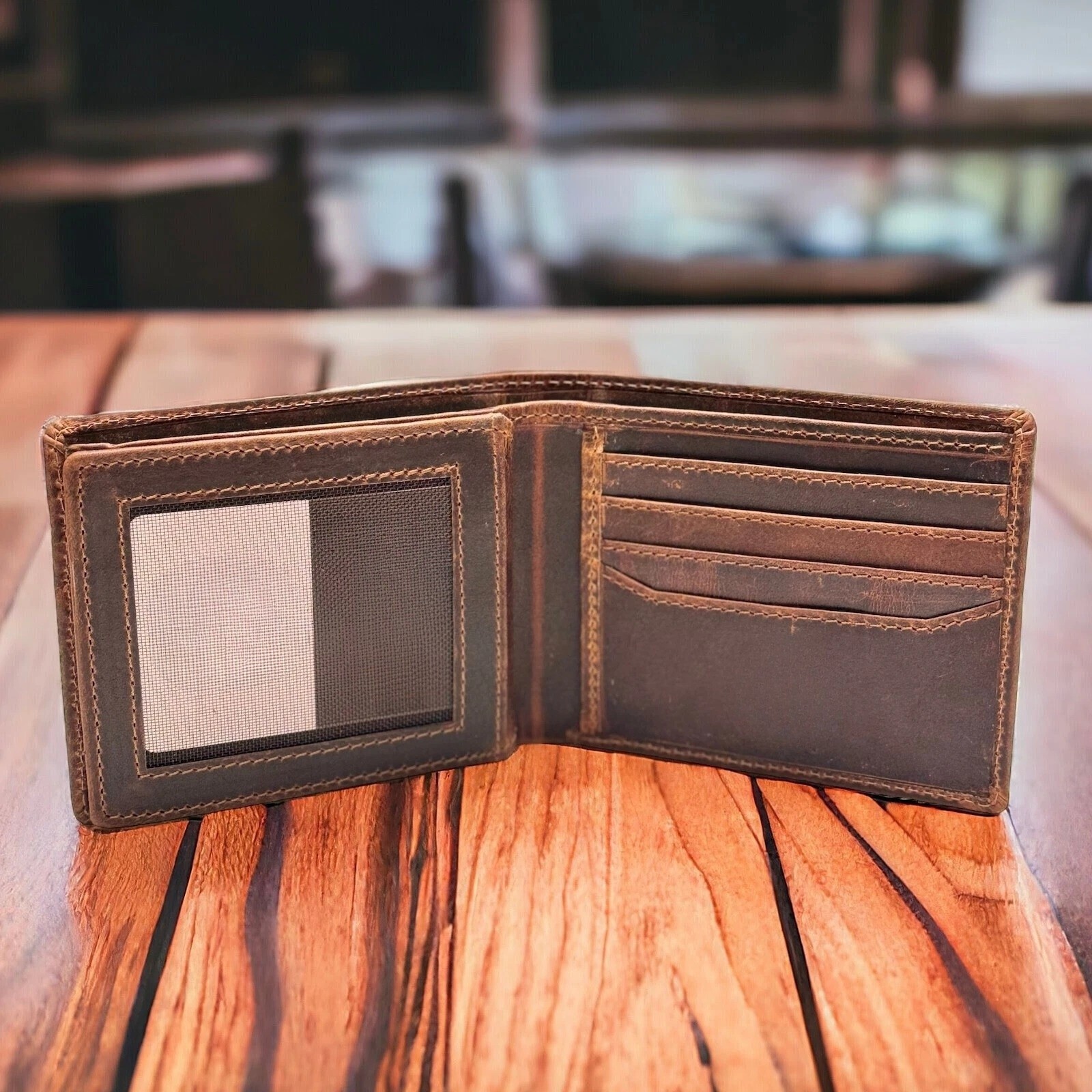 RFID Blocking Brown Vintage Leather Men’s Bifold Center Flap Wallet