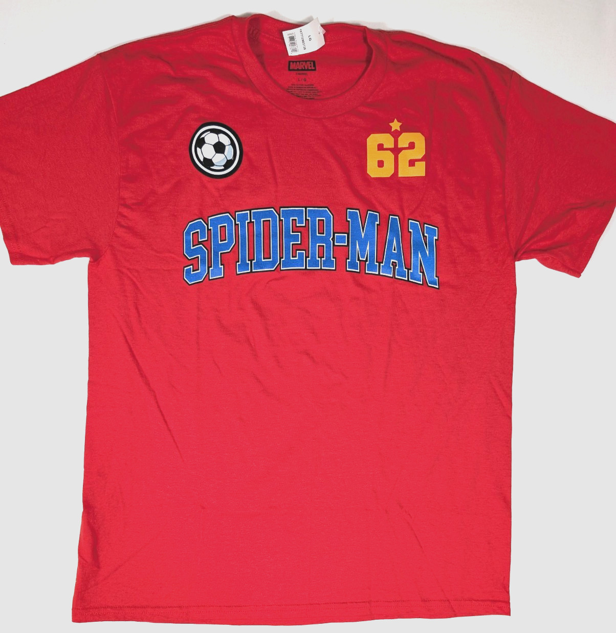 Marvel Spiderman Soccer Jersey Style Shirt Mens L Large Red Back Print Logo NWT