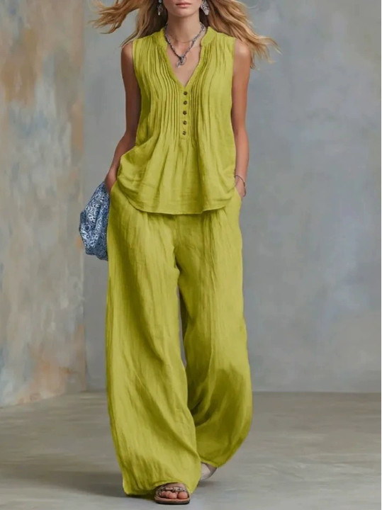 Womens 2 Piece Outfit V Neck Sleeveless Top Wide Leg Pants Casual Lounge Set
