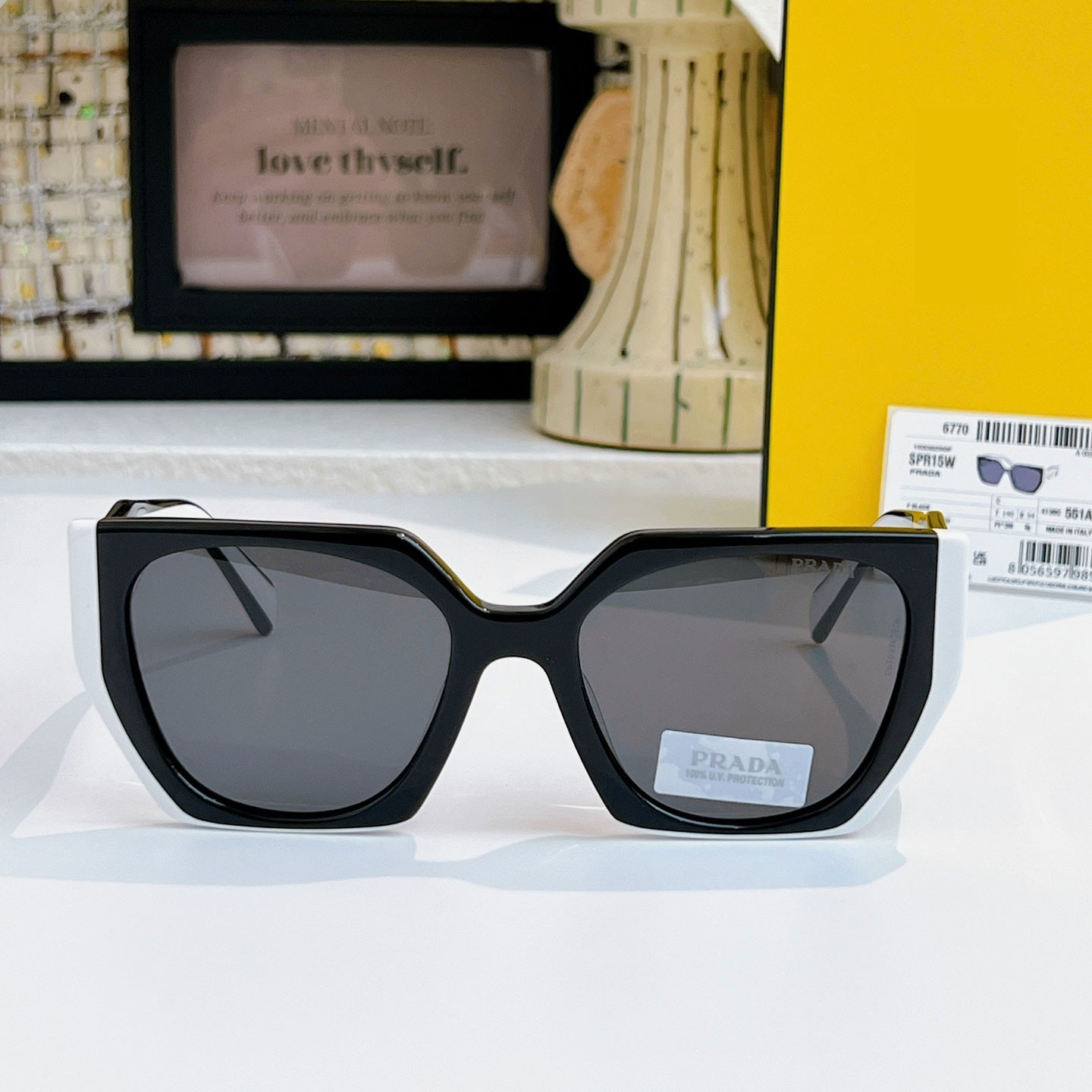 Prada PR 15WS Oversize Square Sunglasses Women Black White Frame UV400 Authentic