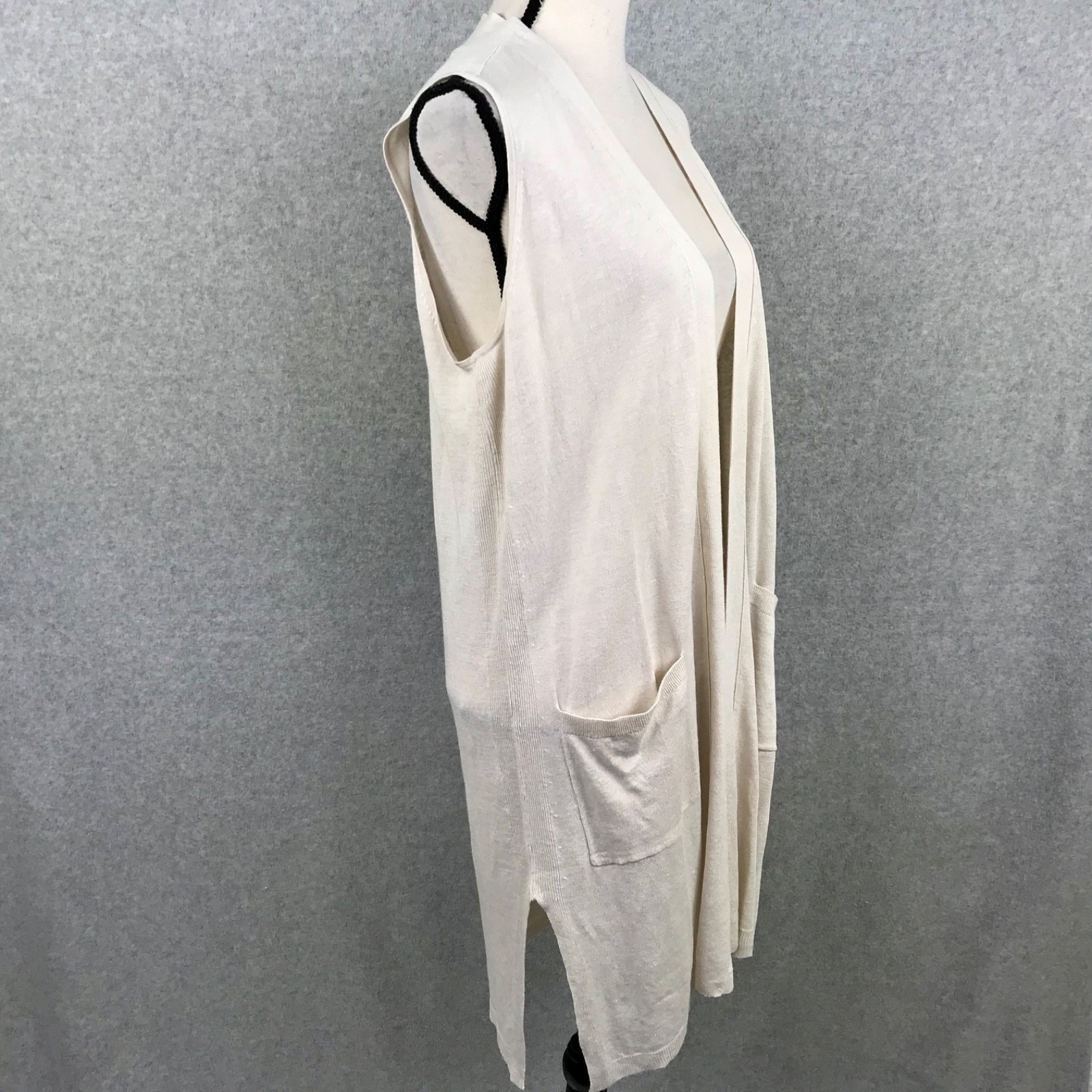 J Jill Beige Cardigan Long Vest Linen Blend Size M Sleeveless Minimalist Capsule