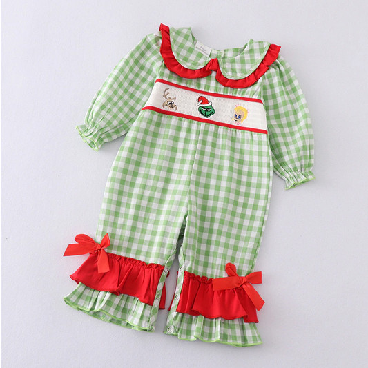 NEW Boutique Grinch Stole Christmas Baby Girls Smocked Embroidered Romper