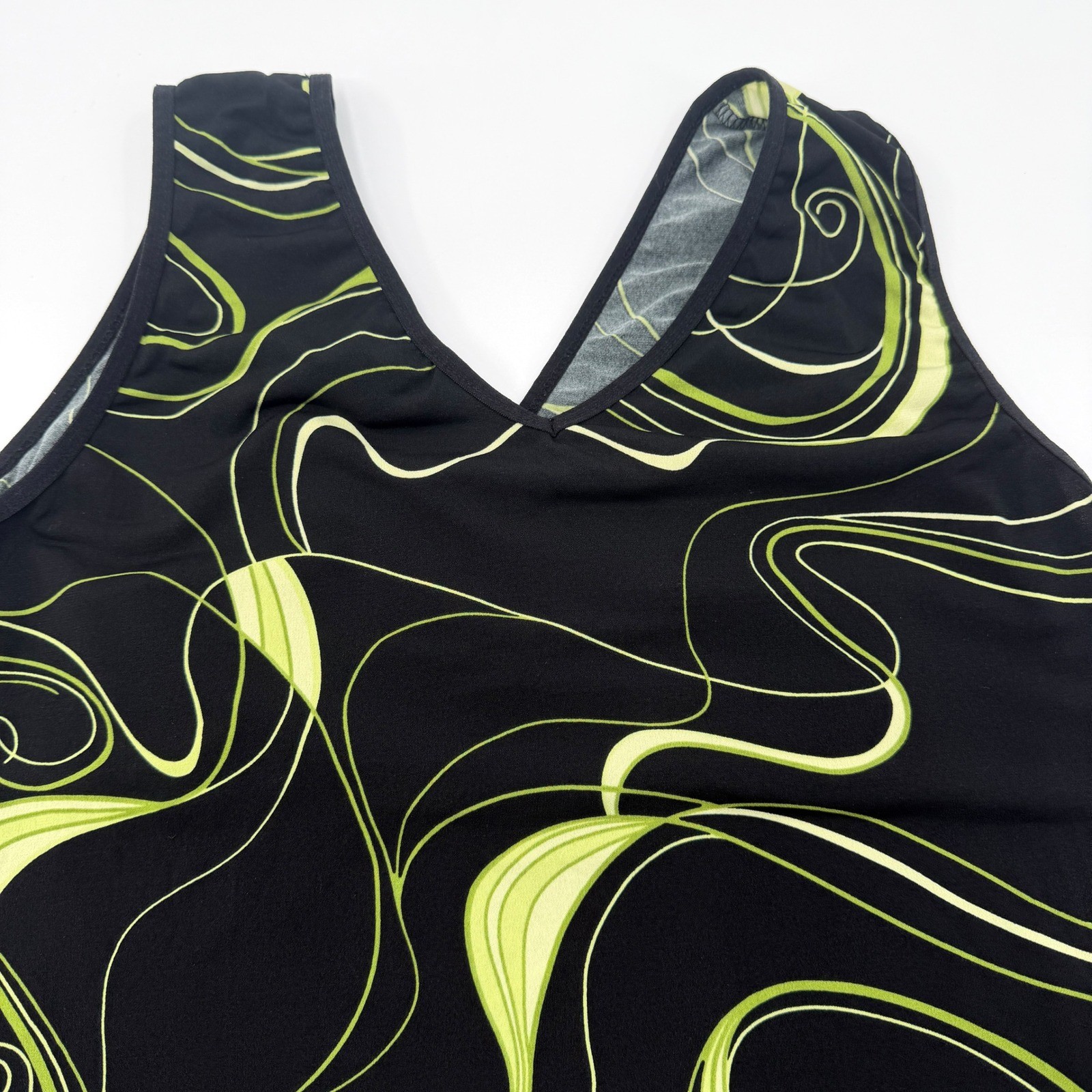 Vintage Y2K Babydoll Stretch Tank in Geometric Swirl Black Neon Green Size L