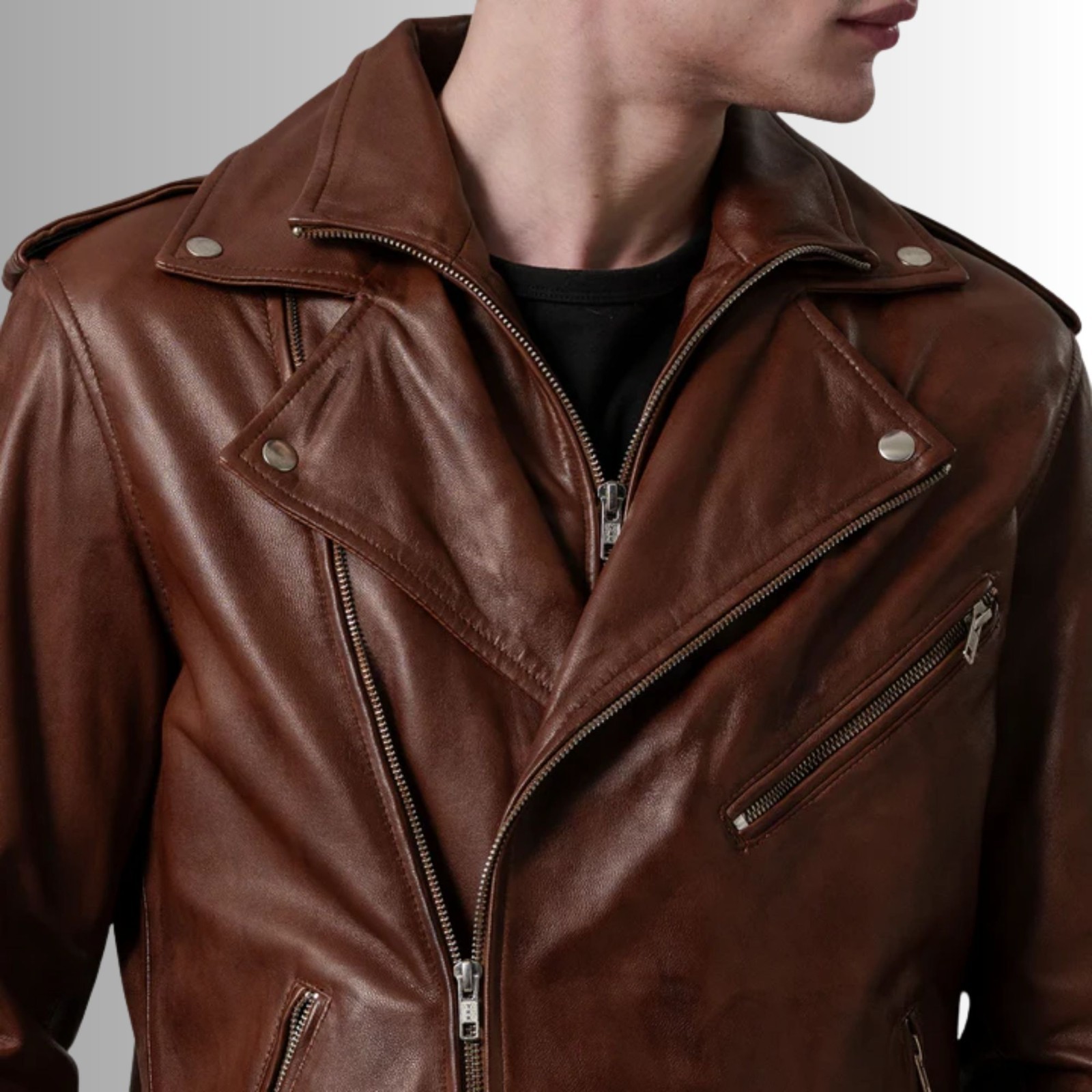 Men Brown Genuine Leather Biker Jacket Slim Fit Moto Zip Up Belted Coat