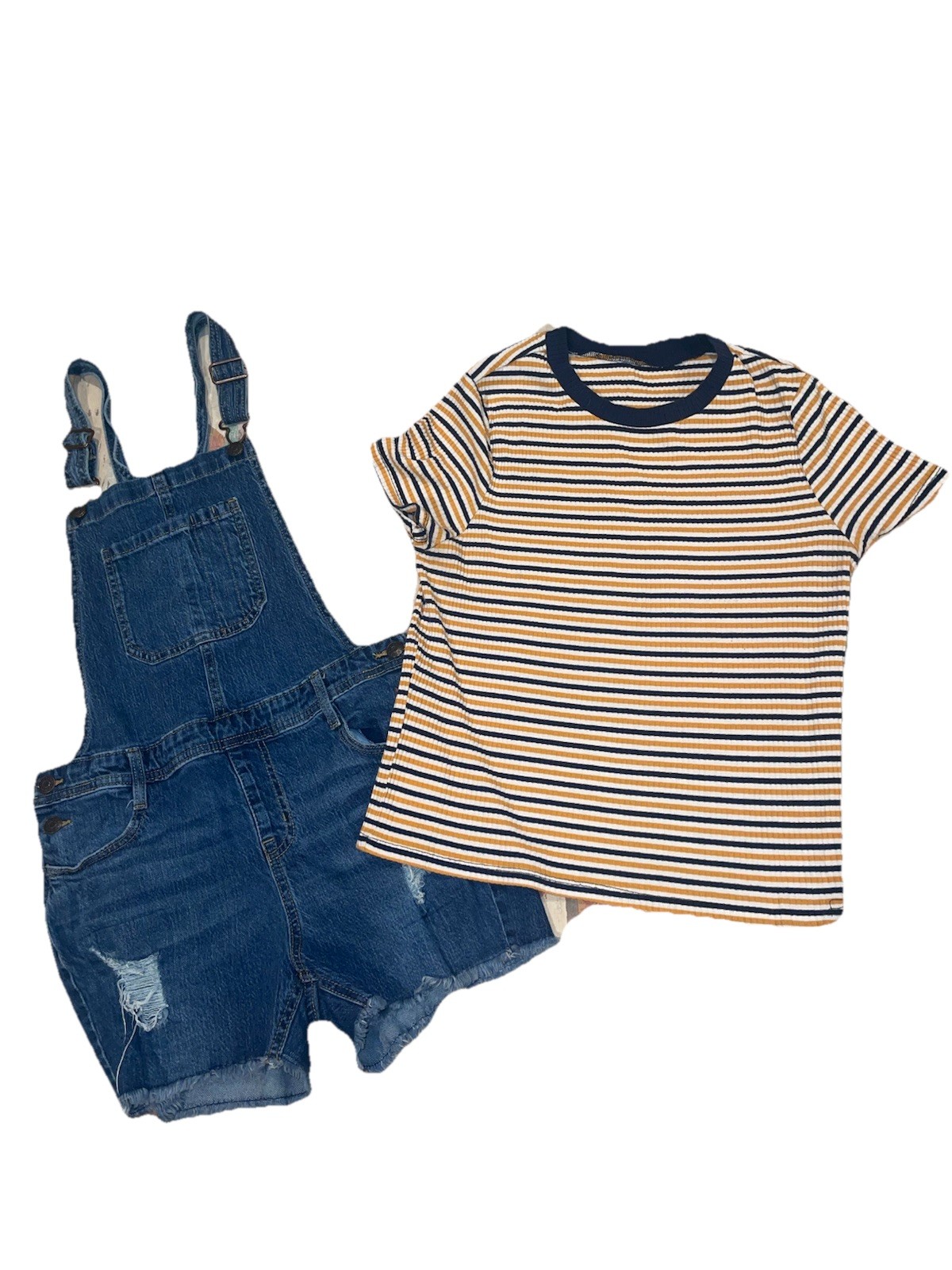 Cat & Jack Girls XL (14/16) Denim Shortalls & Striped Tee 2pc Set Stretch