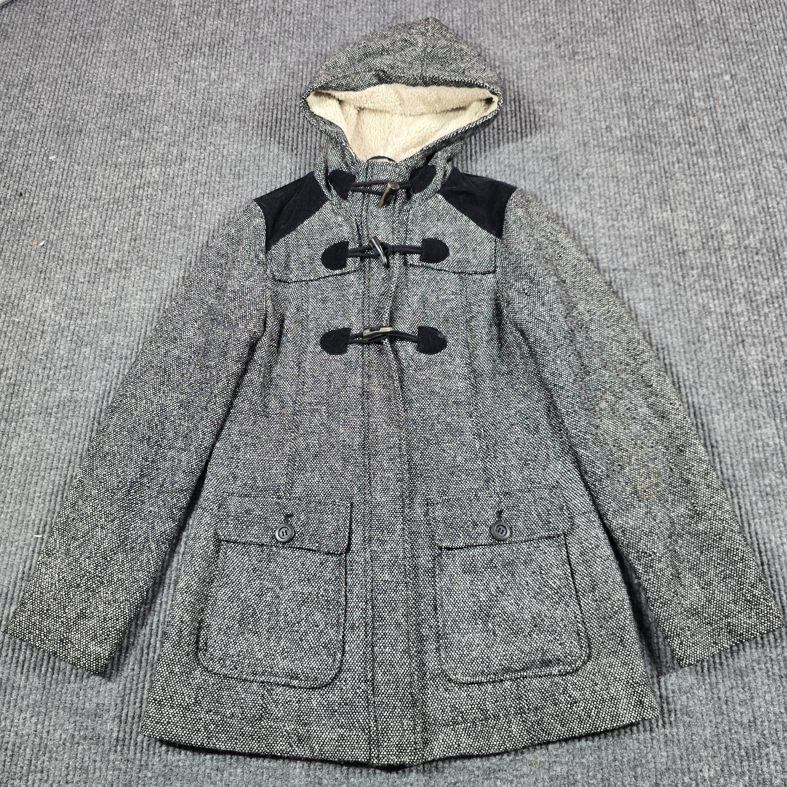 PrAna Coat Womens Small Gray Tweed Hooded Toggle Parka Lined Insulated Pockets
