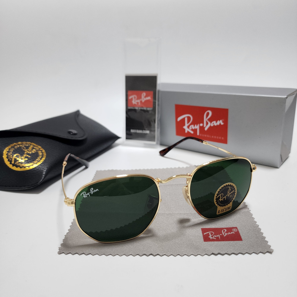 Ray-Ban RB3548N Hexagonal Sunglasses Gold Frame Glass Green Lens 51-21 mm