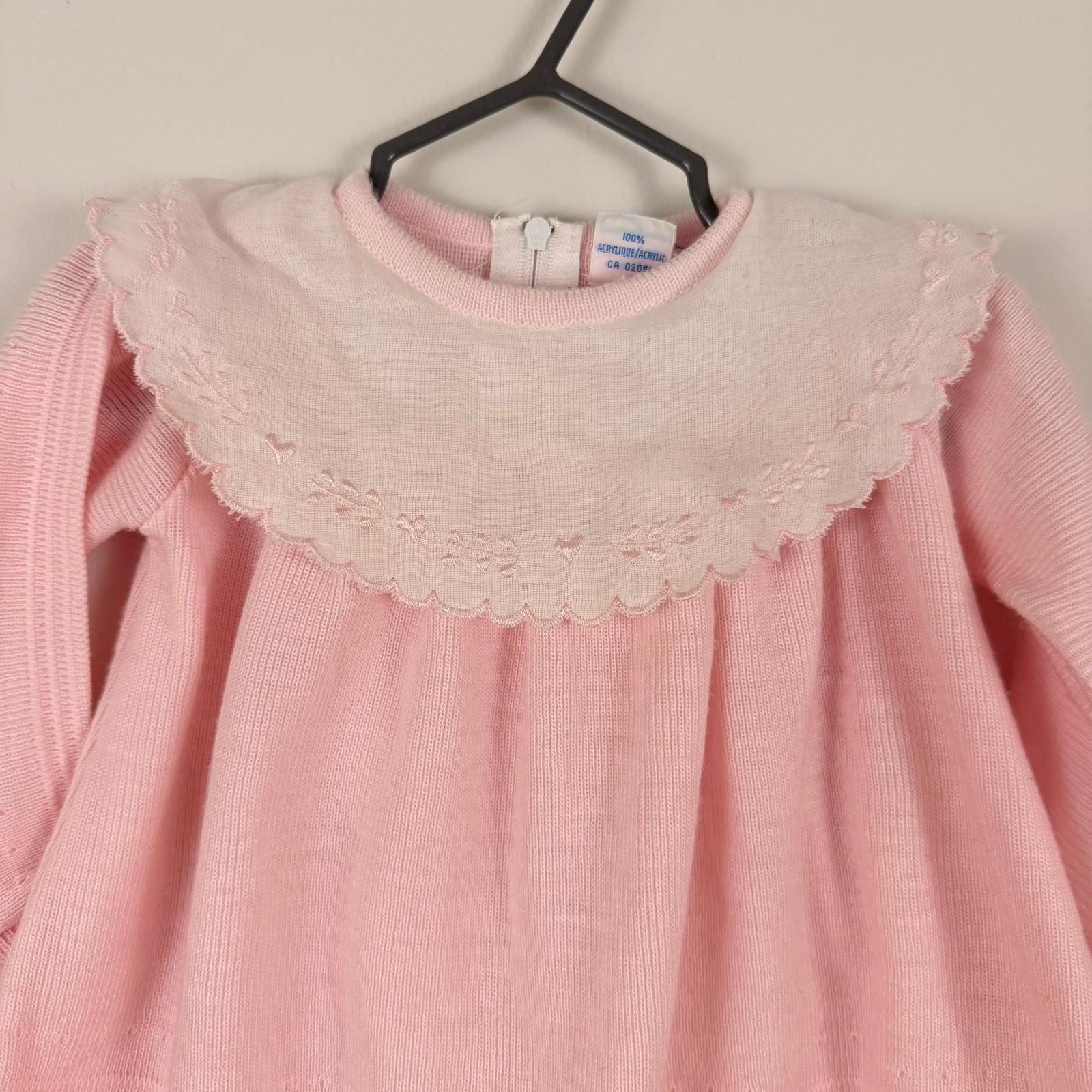 Vintage Bebe Kids Pink Knit Dress Embroidered Peter Pan Collar Long Sleeve 14in