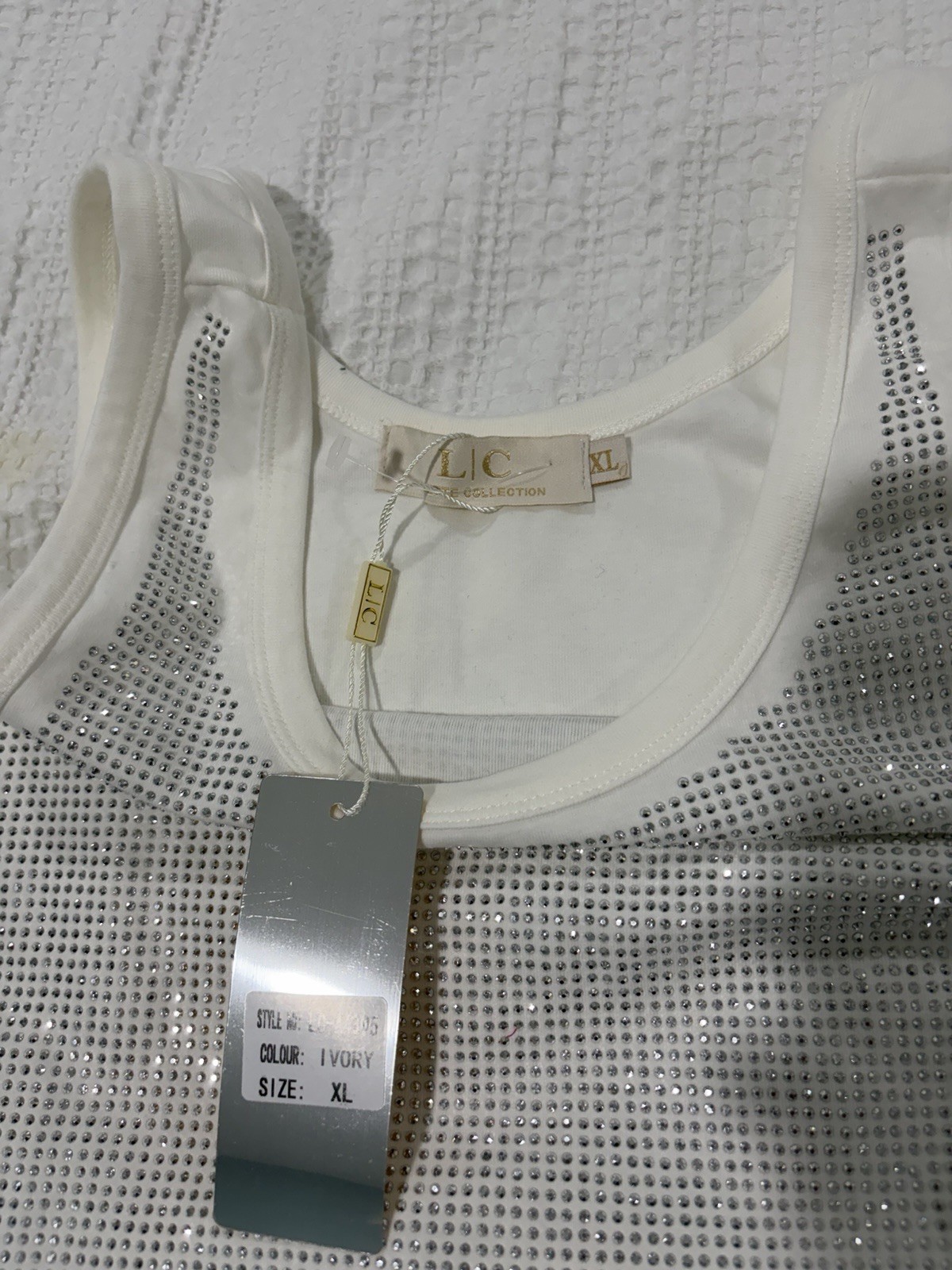 NWT L.C. White Thong Bodysuit Tank top W/Silver Rhinestones , Size XL