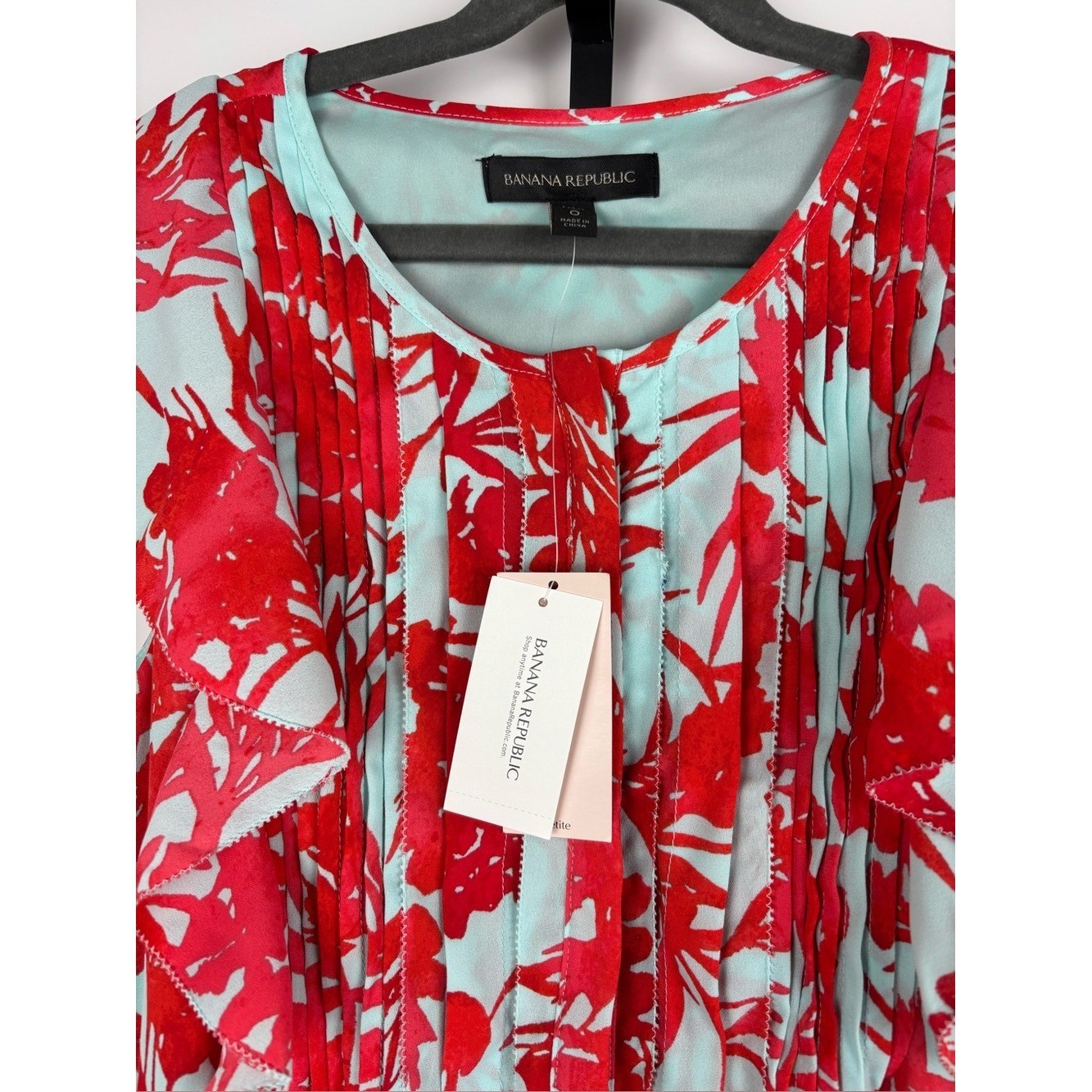 BR Sz 0 NWT Floral Ruffle Sleeve Dress Aqua Pink Fit & Flare Pockets Dressy Chic