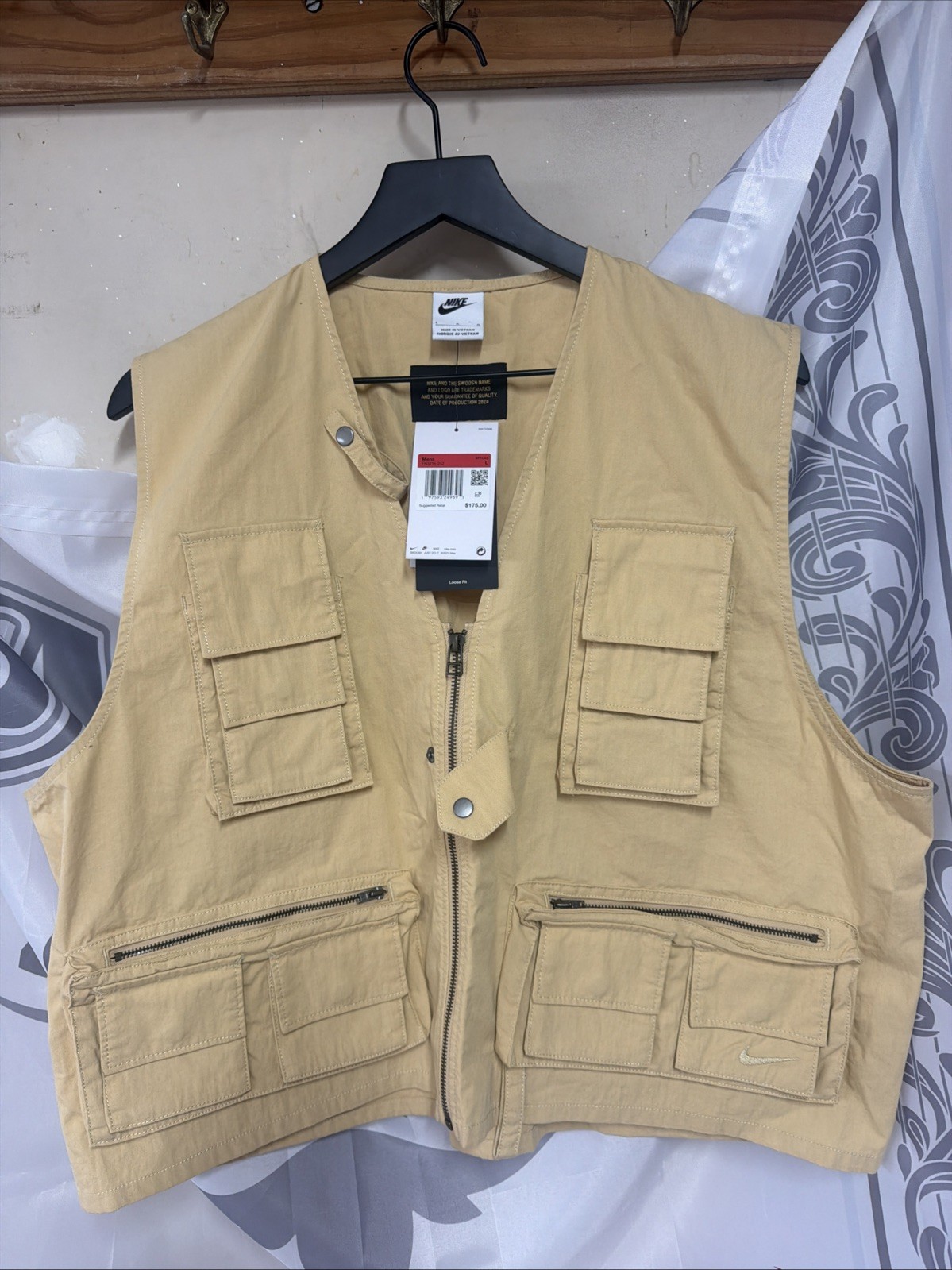 Nike Life Utility Vest Men’s Large Beige New Full Zip Cargo Pockets FN3214-252