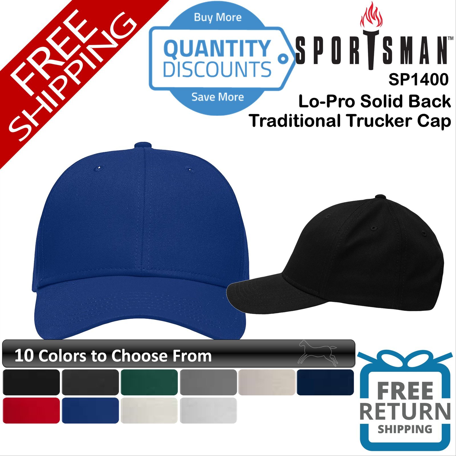 🔥 Sportsman Men Lo-Pro Solid Back Traditional Trucker Cap Hat six-panel SP1400