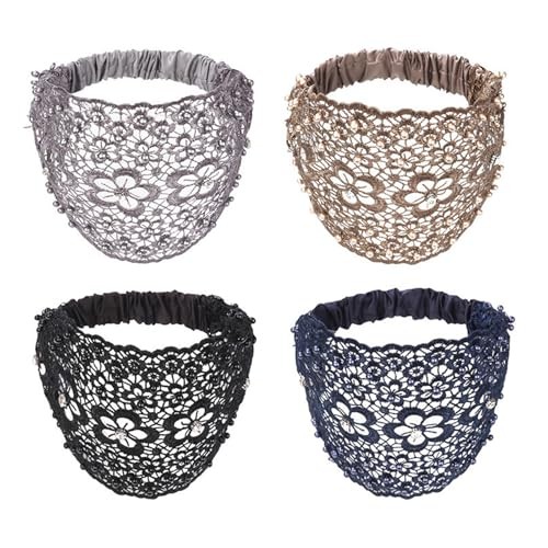 4 Pcs Wide Lace Headband for Women,Lace Pearl Hollow Elastic Headwrap,Boho