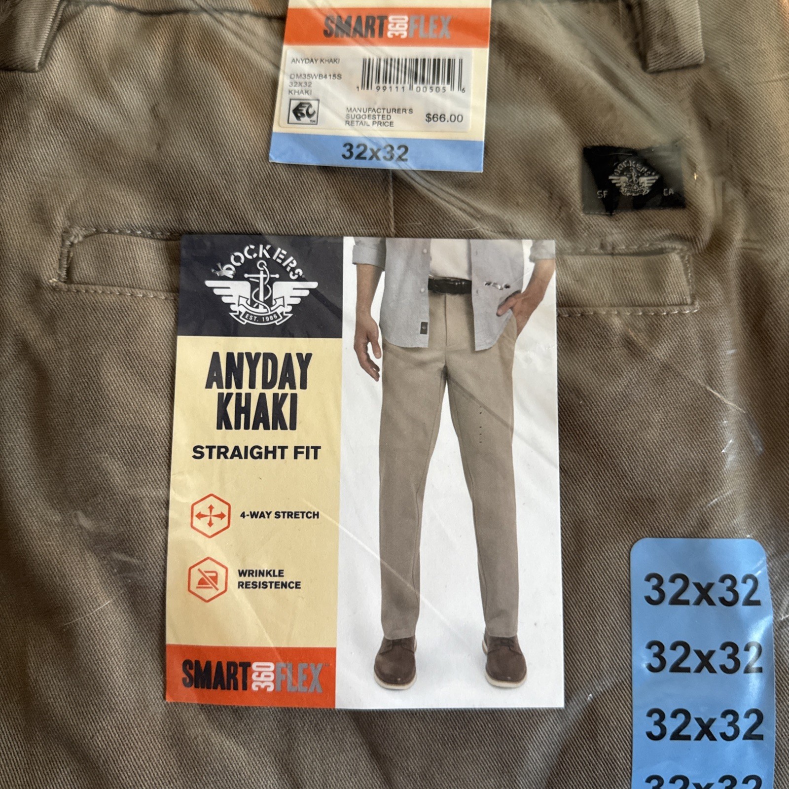 Dockers Anyday Khaki Pants Smart 360 Flex Straight Fit Mens Size 32/32 Khaki NEW