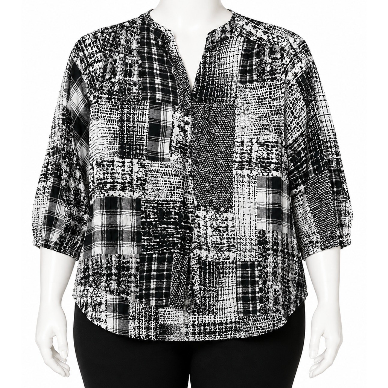 Covington Blouse Plus 2X Black White Patchwork Style Lightweight Cottage Boho