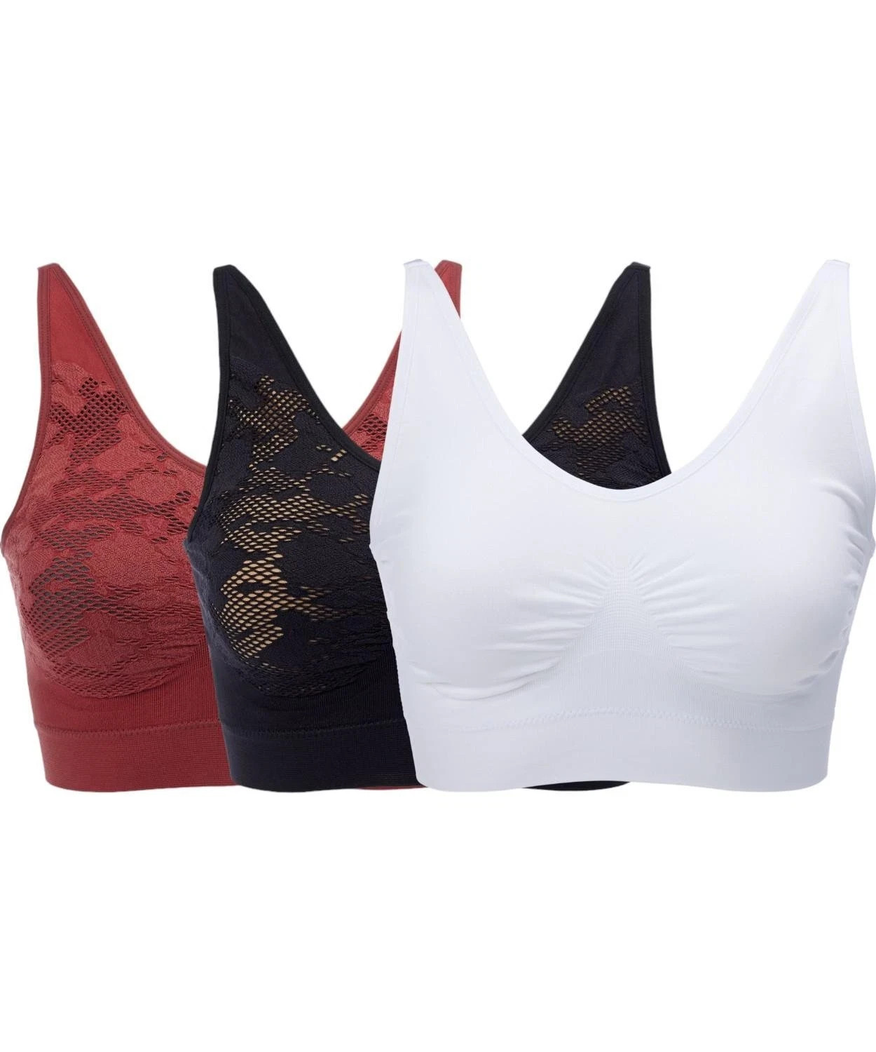 Rhonda Shear 3-pack Ahh Bra w Lace Detail White/Black/Brick Size 1X