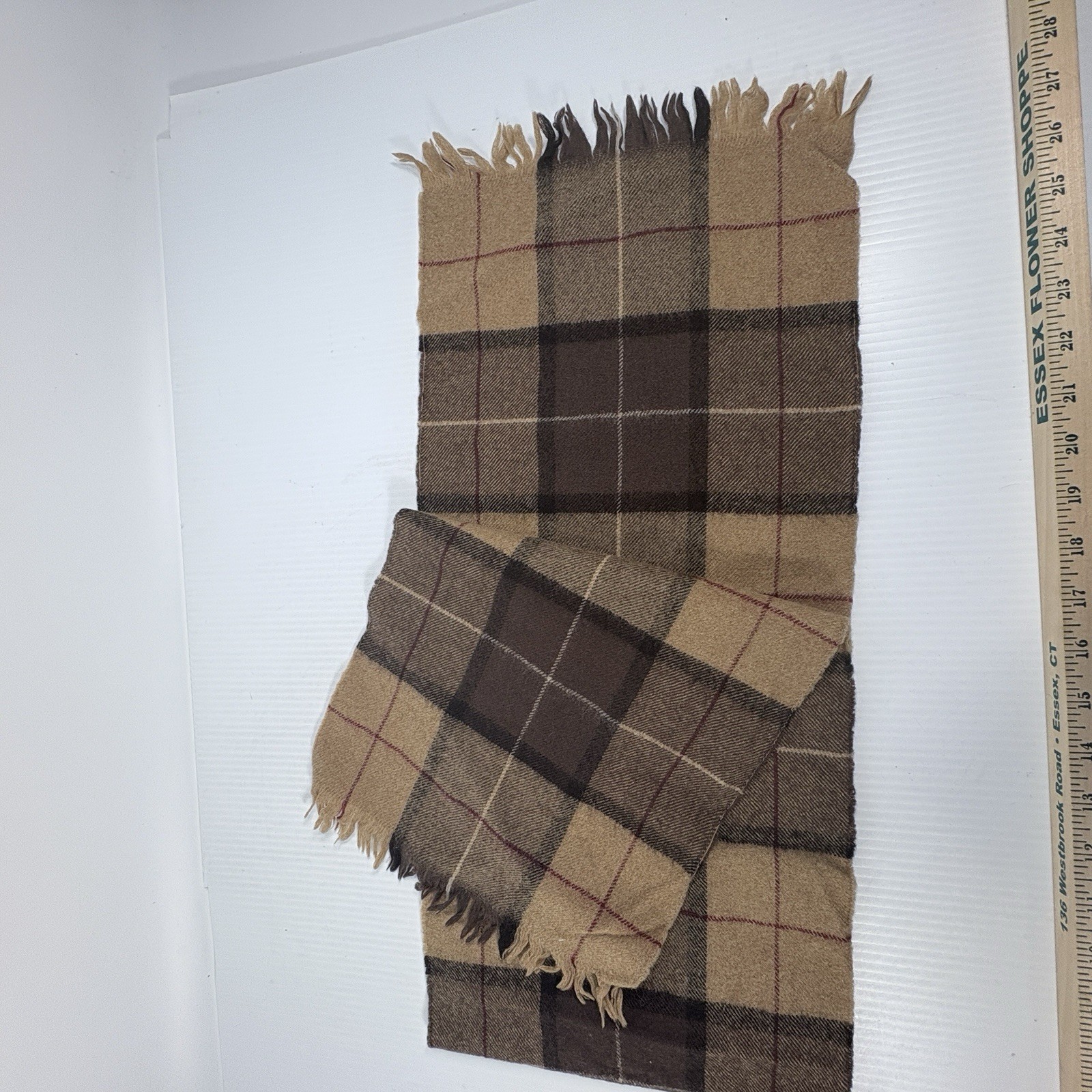 Plaid Wool Scarf Unisex 48 inches x 10 inches Tan Beige White Black Red Fringe