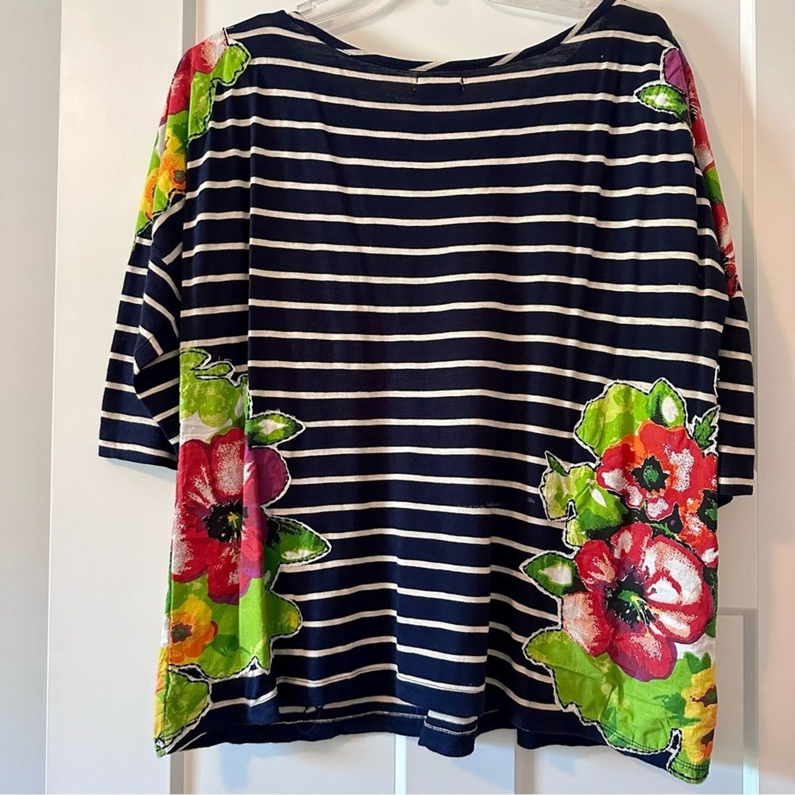 L Navy and white striped Meadow Rue 3/4 sleeve boat neck top