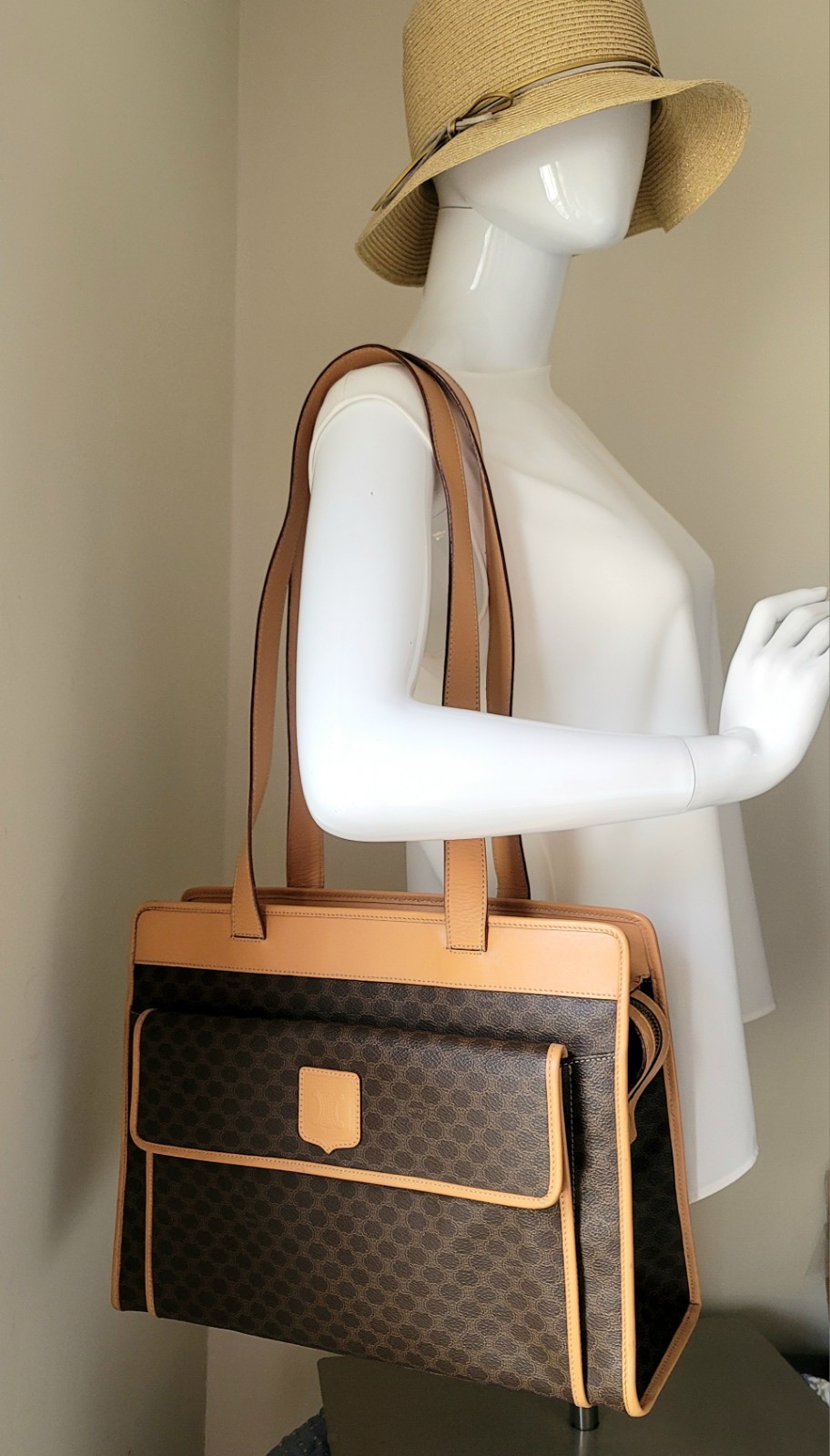 Celine Triomphe Brown Canvas Leather Large Shoulder Hand Bag Authentic Vintage