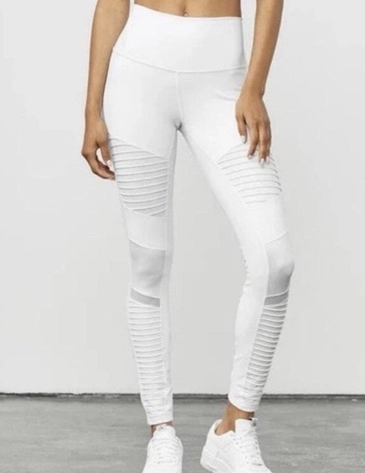 ALO Leggings Small Yoga White Moto High Waist Seamed 81% Nylon/19% Spandex #550