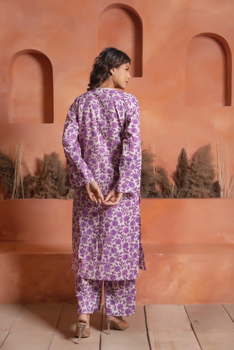 Purple Floral Cotton Co-ord Set, Hand Block Printed Kurta & Pants, Long Sleeve