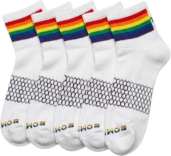 BOMBAS Women’s Pride Quarter Socks 5-Pack, White Rainbow Bee Proud Collection, M