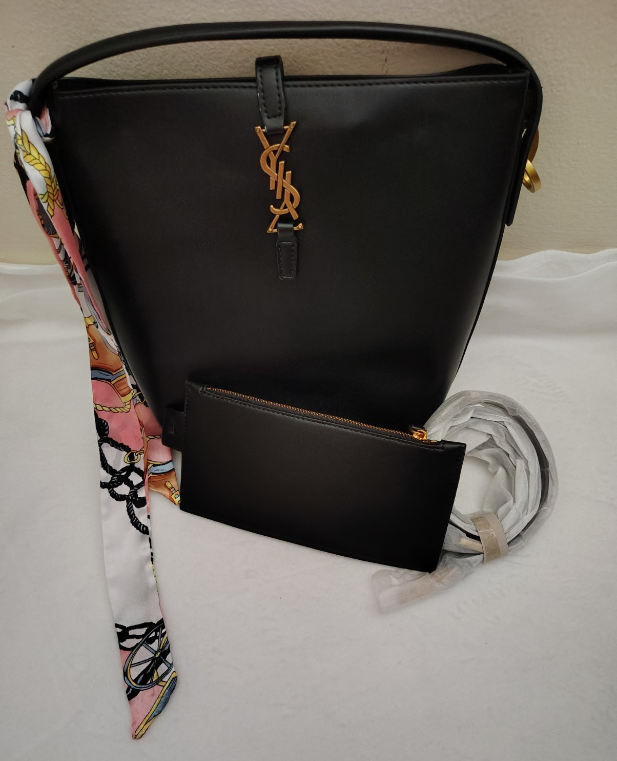 Black Faux Leather Top Handle Satchel Shoulder Bag w/ Scarf Strap & Pouch