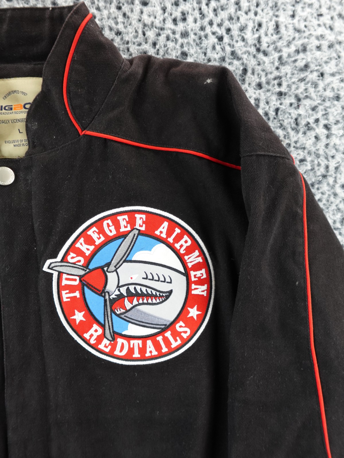 Tuskegee Airmen Jacket Mens L Black BigBoy Varsity Wool Embroidered Bomber
