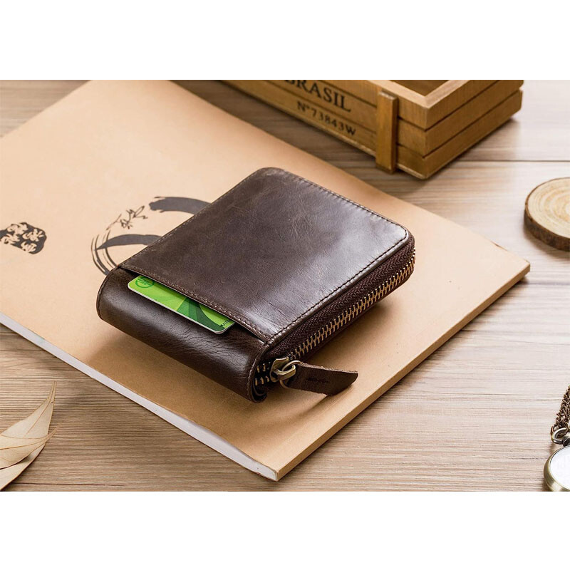 Mens Genuine Leather Zipper Wallet RFID Blocking Bifold Zip Around Card Holder