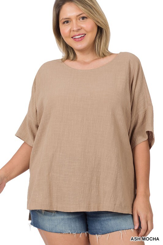 Womens Crinkled Gauze Cotton Short Elbow Sleeve Hi Low Loose Fit Top S-3X