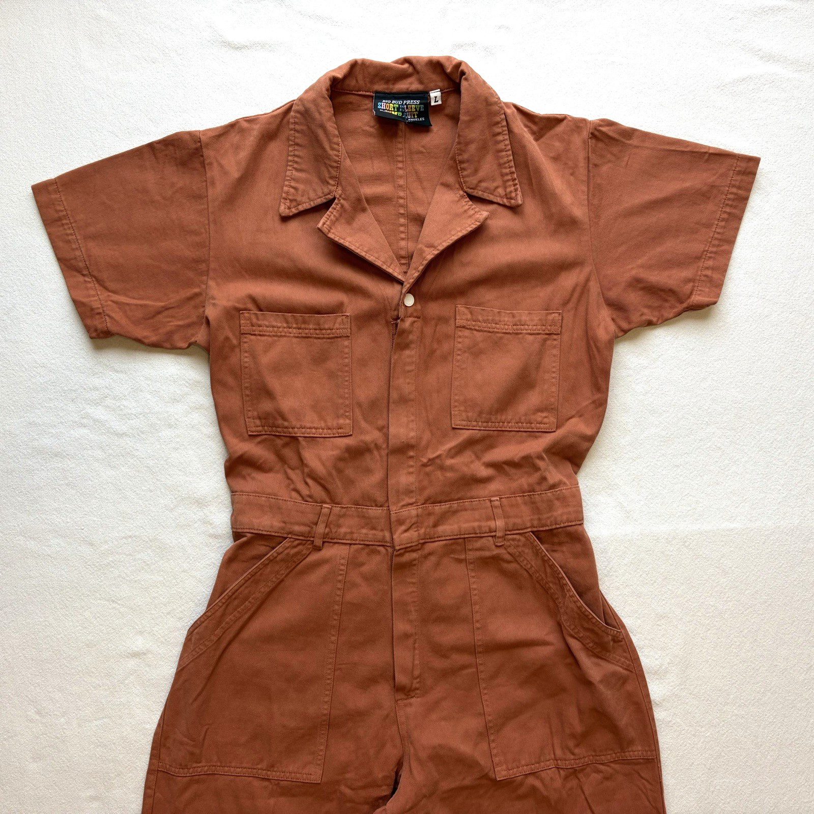Big Bud Press Orange Rust Short Sleeve Jumpsuit M Pockets Elastic Waist Cotton