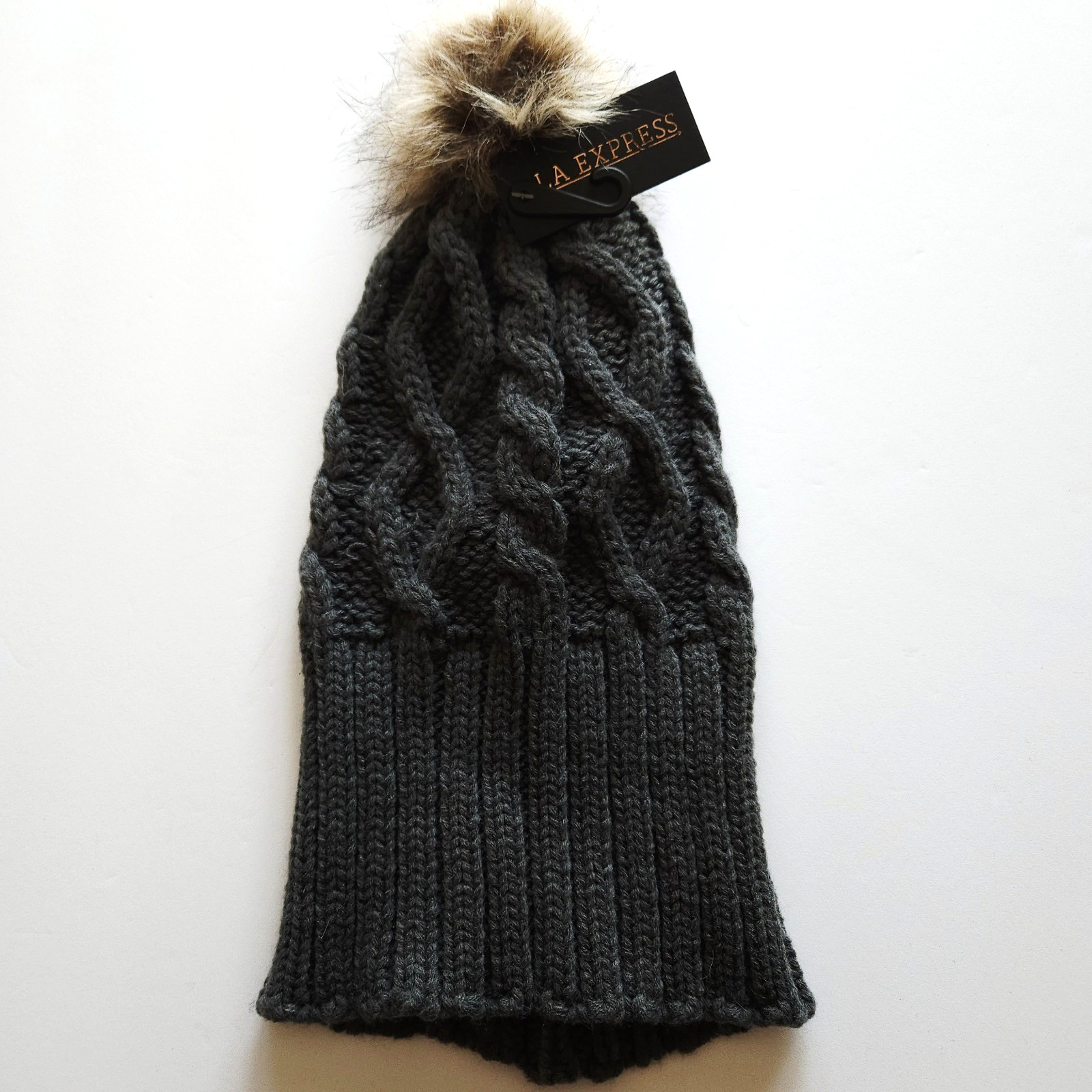 Grey Cable Knit Hat with Fluffy Pom OS Beanie Cold Weather Cap Cottagecore