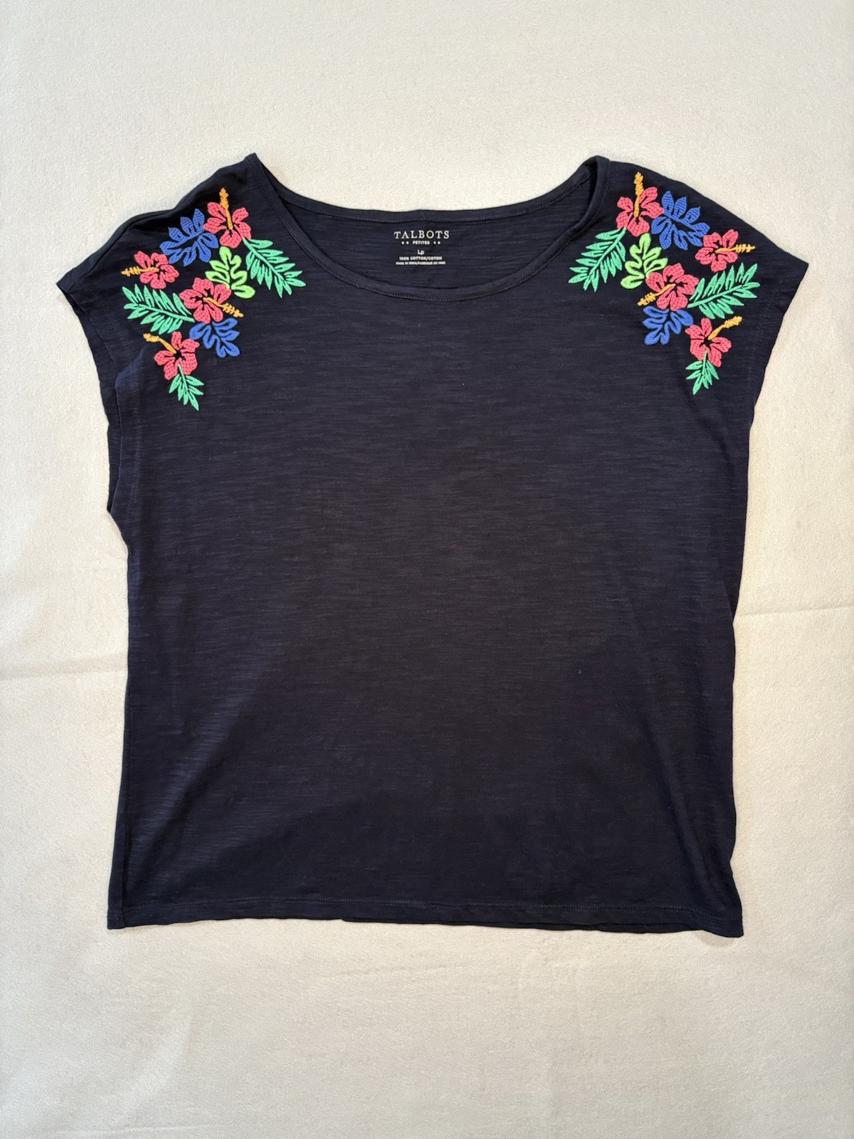 Talbots Petites Large Navy Blue Floral Tropical Embroidered Cap Sleeve T-Shirt