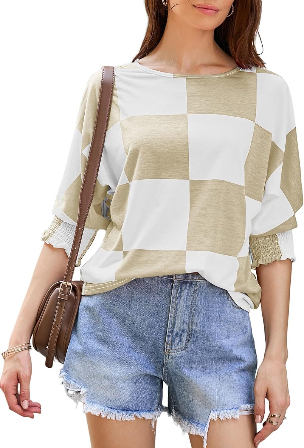 Women’s 3/4 Sleeve Crewneck T-Shirt Casual Loose Fit Soft Basic Blouse Top