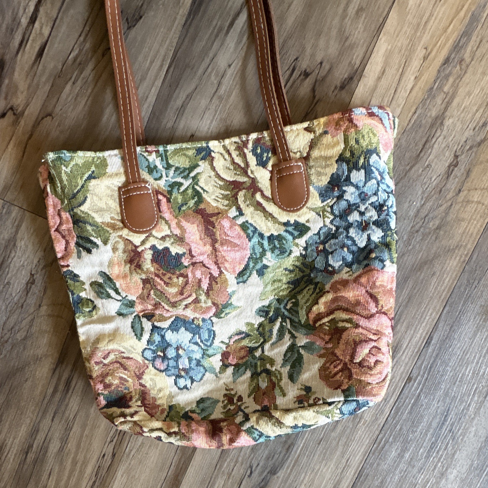 Floral Tapestry Tote Bag Snap Closure Lined Brown Faux Leather Double Handles