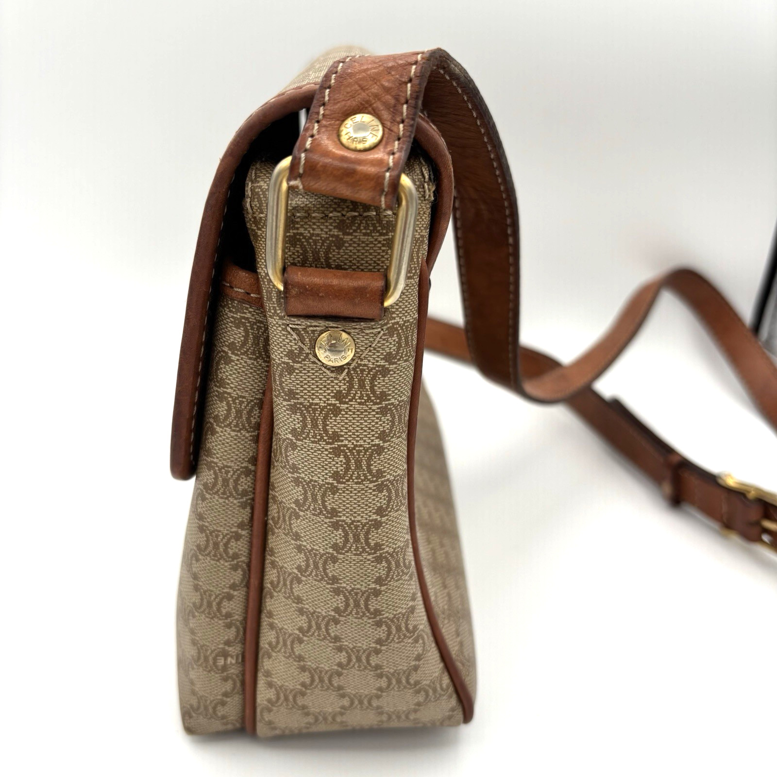 CELINE Macadam Canvas Shoulder Bag PVC Beige Gold Authentic 0046