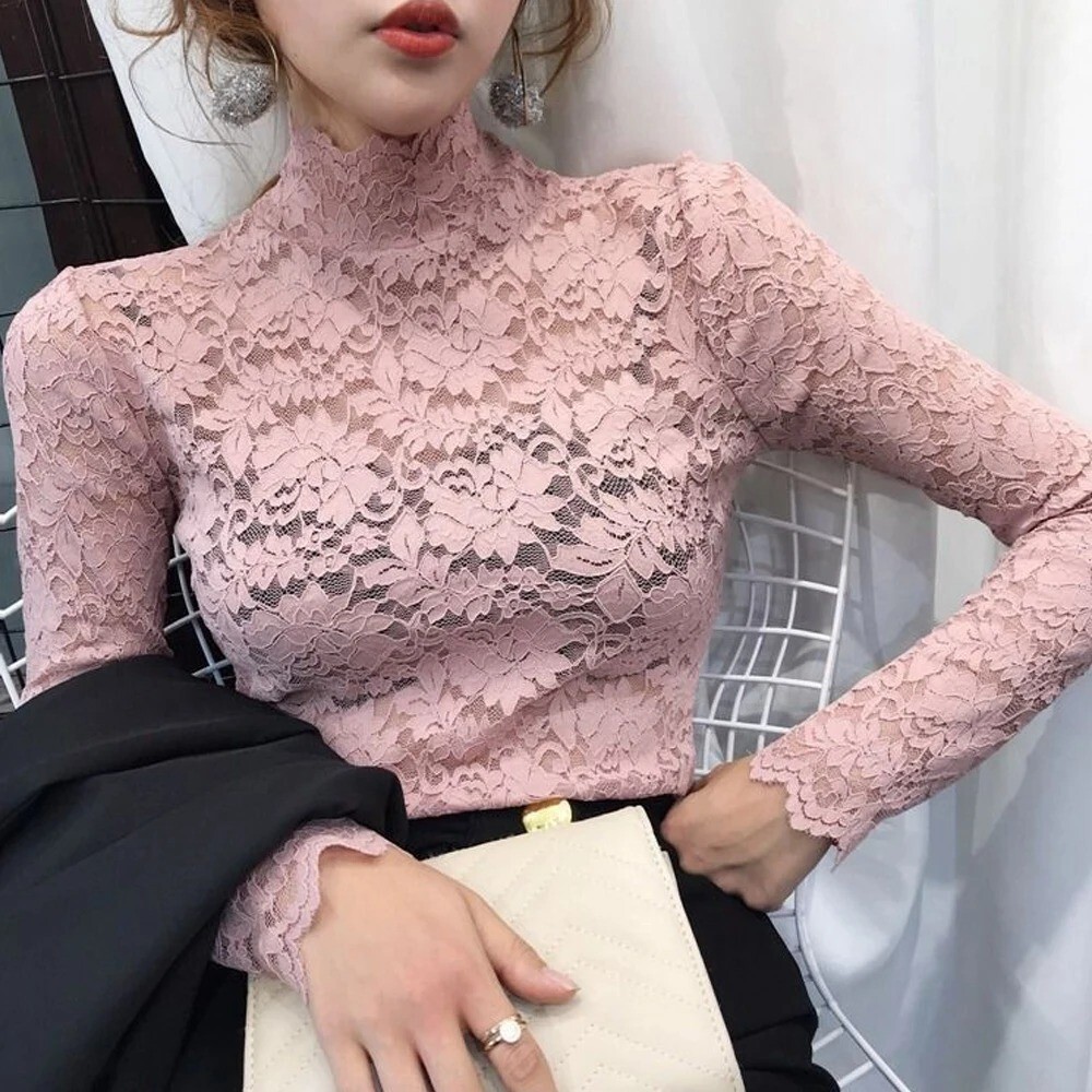Women Lace Long Puff Sleeve Top Stretch Solid Turtleneck Blouse Casual